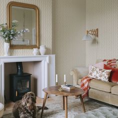 a living room with a dog sitting on the floor in front of a fire place