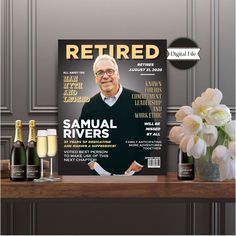 a magazine cover with an image of samuel rivers on the front and two bottles of wine next to it