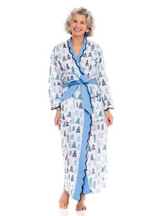 Start your day in this elegant robe for a stylish morning experience. Designed by Heidi, this robe features blue/green pagoda print with blue trim details. Unique fully scalloped trim is a sure sign of your classic style. This classic robe has a standard fit with an attached belt. Designed to have just the right amount of fabric; not too tailored or too roomy. Product Details Screen printed in Jaipur, India. 100% soft light-weight cotton Features a spacious pocket on each side. Attached belt Int 2023 Clothes, Designer Loungewear, Horse Hair Tassels, Cotton Robes, Pregnant Bride, Terry Robe, Night Gowns, Short Kimono, Blue Trim