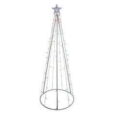 a tall metal christmas tree with lights on it's sides and a star at the top