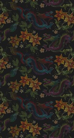 a black background with colorful dragon and flowers