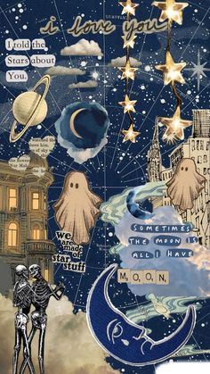 an altered collage with stars, moon and other things in the sky above it