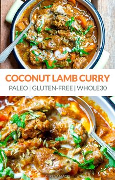 two pictures showing different types of food and the words coconut lamb curry