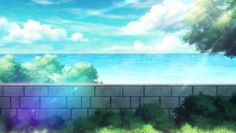 an anime scene with the ocean in the background and trees on the other side of the wall