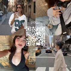 a collage of photos with people on the street and one woman holding a cell phone