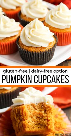 pumpkin cupcakes with cream cheese frosting on top and the words gluten - free dairy - free option