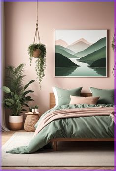 a bedroom with pink walls, green bedding and potted plants in the corner