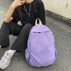 Color: Purple Purple Backpack Outfit, Solid Large Capacity Backpack For Students, Large Capacity Solid Color Backpack For Students, Casual Solid Backpack For Students, Casual Solid Softback Backpack, Casual Leather Backpack, Casual Solid Color Backpack For Daily Use, Casual Leather Backpack For School, Trendy Large Capacity Backpack