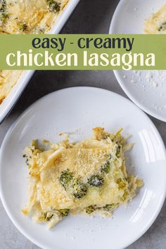 an easy - creamy chicken lasagna is served on a white plate with a green border