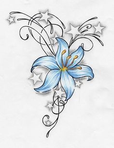 a blue flower with stars and swirls on it's back side tattoo design