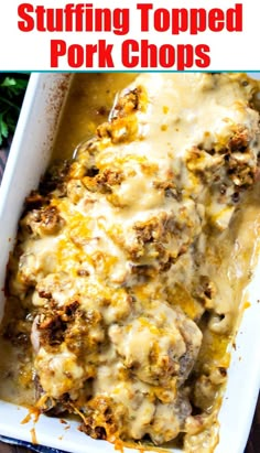 a casserole dish with meat and cheese on top, in a white baking dish