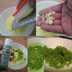 there are four pictures showing how to make green food