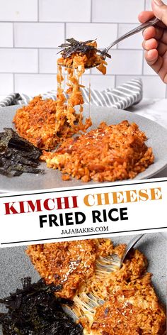 a person is eating fried rice with chopsticks on a plate and the text reads kimchi cheese fried rice