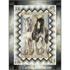 two horses standing next to each other in front of a black and white checkered background