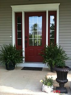 two potted plants are sitting on the front step of a house with red doors