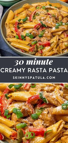 pasta with chicken and peppers in a skillet