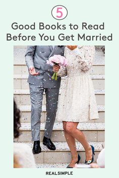 a man and woman standing next to each other in front of stairs with text reading 5 good books to read before you get married