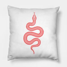 a white pillow with a red snake on the front and back side, against a white background