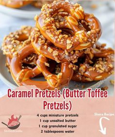 caramel pretzel's butter toffee pretzels on a plate