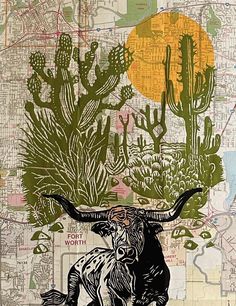 an image of a long horn steer on a map with cactuses and cacti