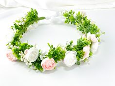 "This gorgeous flower crown is beautifully arranged with several pink and white Ranunculus, Baby's breath, white Hydrangea flowers, small buds, and petite greenery through out. This floral crown is brimming with beautiful quality florals and materials and it was handcrafted for your special occasion.  It would be perfect on a Mommy to Be, for Maternity Photos, or worn at a baby shower. A gorgeous addition for a Bride, for Bridal photos, Bridal Shower, or your Wedding Day! It would also be beautiful for photos, graduation, baptism, or any other special event or occasion!  This crown measures 22\" tied at its tightest, adjustable after 22\" with a white satin ribbon.  -With each crown being handmade, the crown may have some slight variations. This crown is MADE & READY TO BE SHIPPED! | My sh Floral Crown Wedding Hair, Flower Crown Pink, Bohemian Crown, Pink Flower Crown, Crown Pink