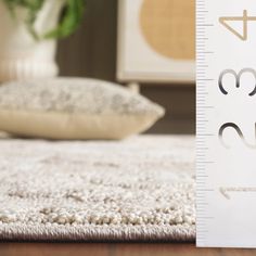 a white rug with a ruler on it next to a pillow and potted plant