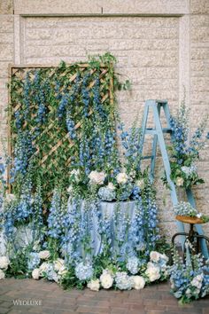 blue and white flowers are arranged in front of a brick wall with an old ladder