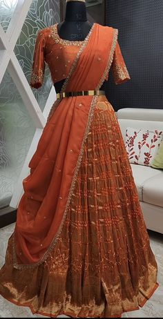 Lengha Voni Blouse Designs, Aditi Rao Hydari Half Saree, Pastel Langa Voni, Half Saree Pastel Colours, Half Saree Duppata Styles, Orange Half Saree Color Combos, Langavoni Designs, Halfsarees Designer Latest, Langavoni Half Saree