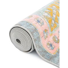 a rolled up rug is shown on a white background with an orange, yellow and blue design