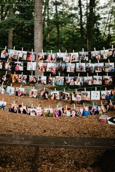 many pictures are hung on clothes pins in the woods