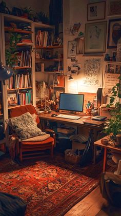 a living room filled with lots of furniture and bookshelves next to a window