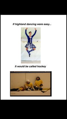 two pictures with the same caption in different languages, one has a hockey goalie and