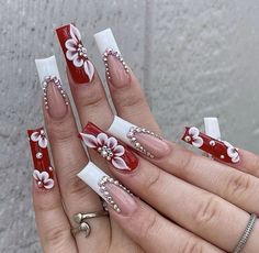 Red And Silver Square Nails, Graduation Nails Burgundy, Rose Theme Nails, White And Red Acrylic Nails Ideas, Gold And Red Nails, Red Rose Nails, Nails Mexican, Red Wedding Nails