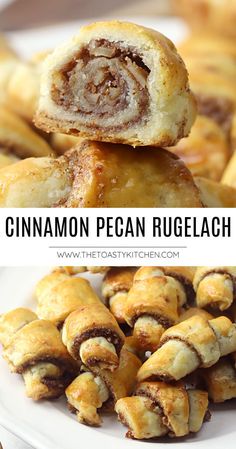 cinnamon pecan rugelah is stacked on top of each other with the text overlay