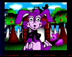 a cartoon dog with purple ears and black bow tie sitting in front of a tree