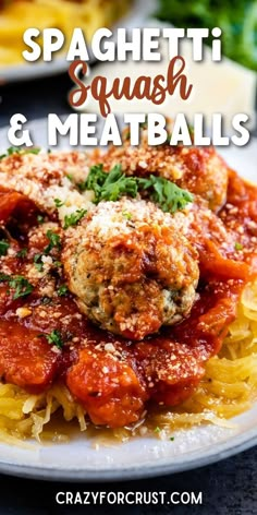 spaghetti and meatballs on a white plate with the words spaghetti squash and meatballs