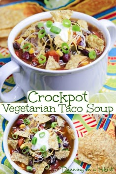 crockpot vegetarian taco soup in a white bowl with tortilla chips