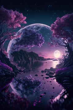 the moon is shining brightly in the night sky over a lake with rocks and trees