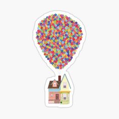 a house and a bunch of balloons in the shape of a heart on top of a sticker