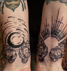 two people with tattoos on their arms and legs, both showing the same tattoo designs