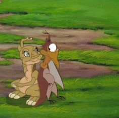 two cartoon animals standing next to each other on a field with grass and dirt in the background