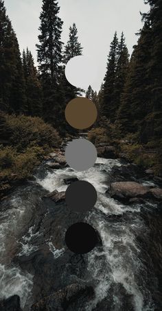 an image of a river with trees in the background and three circles above it that are floating