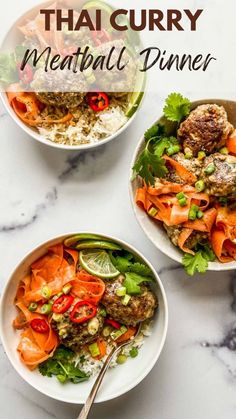 three bowls filled with meatballs and veggies on top of a white table