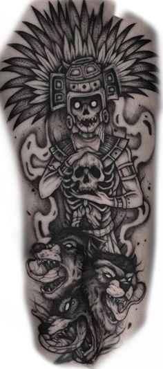 a man's back with a skeleton and skull tattoo on his arm, in black ink