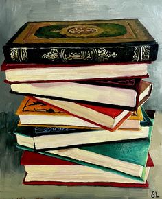 a painting of books stacked on top of each other