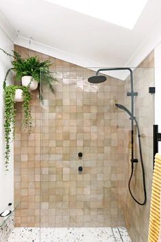 a bathroom with tiled walls and floor, shower head, plants on the side wall