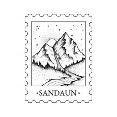 a stamp with the words sandaun written on it and mountains in the background