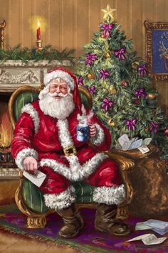 a painting of santa claus sitting in front of a christmas tree