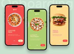 three smartphones displaying different app designs for food delivery and order orders, with the same menu