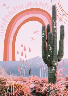 a cactus in the desert with rain drops falling from it's leaves and rainbows